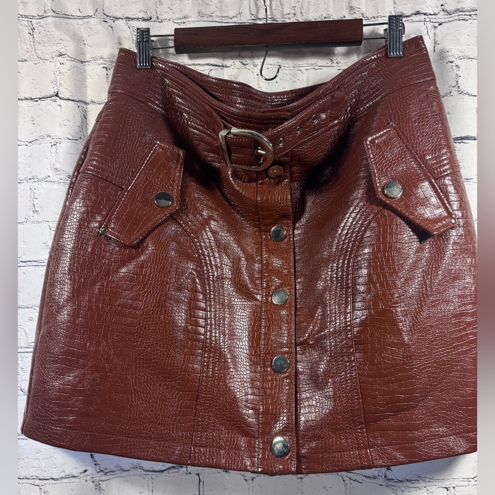 TopShop Brown Leather Skirt with Buckle Detail